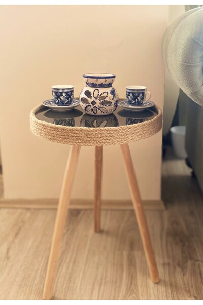 AEKI Design&Art Hasır Kaplı Füme Camlı Zigon Sehpa - Bohem Tarzı Dekoratif Se...