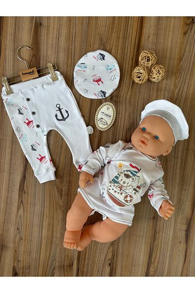 Tomuycuk Ecru & Pirate Embroidered 3-Piece Baby Boy Set - Set with Hat & Bodysuit - 100% Cotton