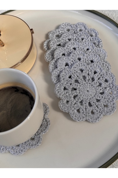 Miliva 6'lı Bardak Altlığı | Örgü Makrome Bardak Altlığı | Simli Yuvarlak El Yapımı Bardak Altlığı | 6 Adet