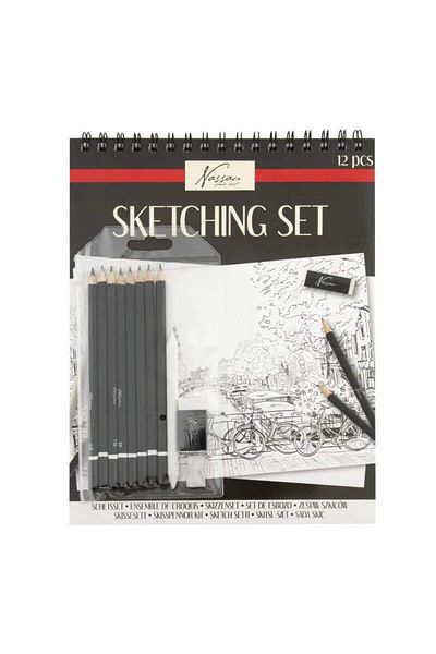 Nassau fine art Sketch Drawing Set 12 Pieces Graphite Pencils, Spiral Drawing Pad And Accessories
