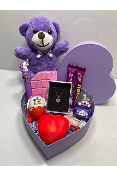 miraybutikhediyelikesya "Mor Kalp Kutu Hediye Seti - Peluş Ayıcık, Işıklı Kal...