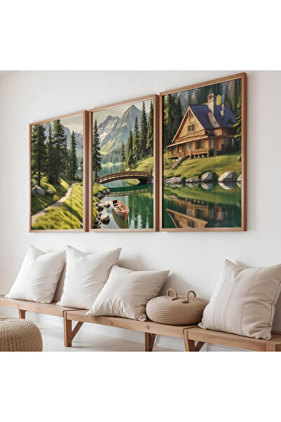 ARTCASTLE Комплект от 3 картини с дървена рамка „Зелено езеро“