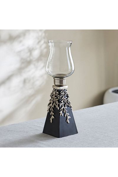 Home Box Nordic Cone Glass Hurricane Candleholder with Aluminium Motif and Wooden Base - 12x12x40 cm