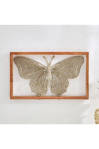 Home Box Ozawa Aluminium Cutwork Butterfly Wall Art with Natural Wooden Frame - 42x24x3 cm