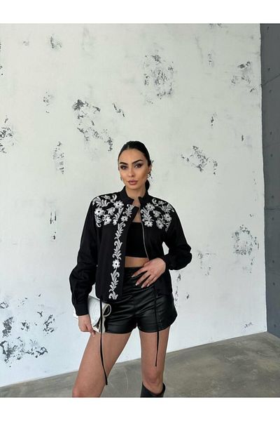 Simala Black Crop Embroidered Jacket - Piping Detail