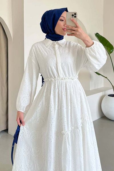benguen White Brode Hijab Dress 1009-1 Model