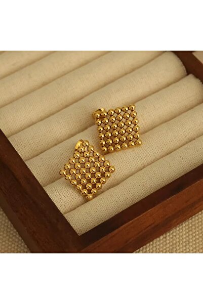 Siya Silver Kararmaz Çelik Altın Kaplama Gold Renk Topçuklu Çivi Küpe