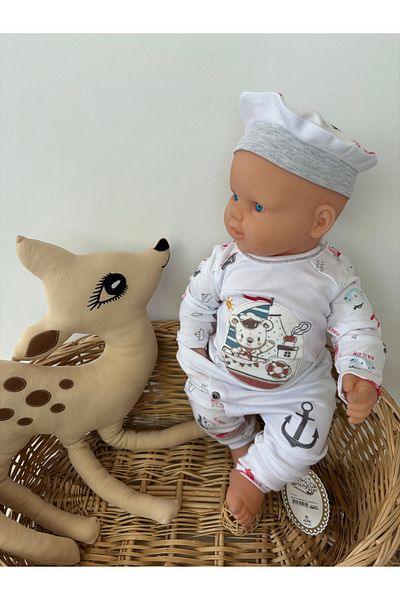 Tomuycuk Ecru & Pirate Embroidered 3-Piece Baby Boy Set - Set with Hat & Bodysuit - 100% Cotton