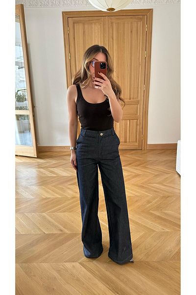 Askı Nişantaşı Navy Blue Gold Stitching Detailed Extra Loose Leg High Waist Jean Trousers