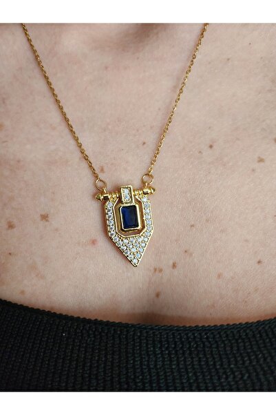 ALLEGRİA قلادة فضية اللون من الفولاذ باللون الأزرق الداكن، قلادة من الحجر الأ...