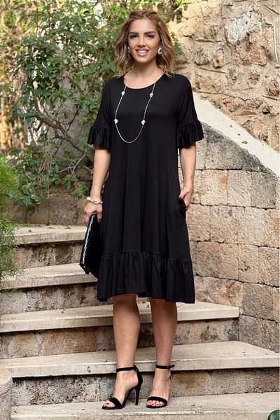 Nevin Kaya Moda Rochie de vară din bumbac pieptănat cu fuste negre uni cu volane
