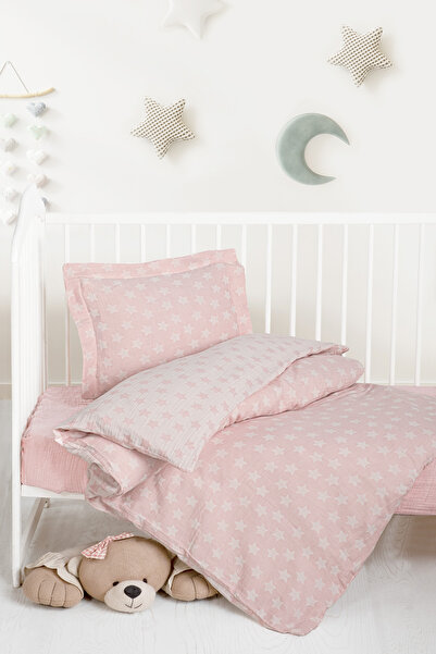 Kanz Bebek Müslin %100 Pamuk Jakarlı Nevresim Takımı - Star Pembe