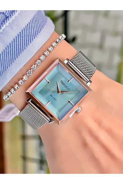 Ferrucci Steel Mesh Cord Square Case Women's Wristwatch with 2 Years Warranty 3 Atm Waterproof