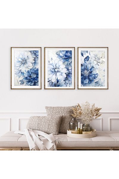 Dekorsiahome Комплект за рисуване с дървена рамка за хол/кухня от 3 части, индиго