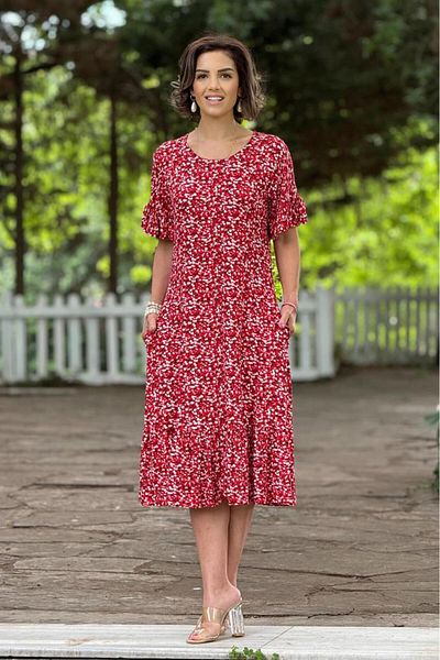Nevin Kaya Moda Rochie de vară din bumbac pieptănat cu fuste cu model cu margarete roșii