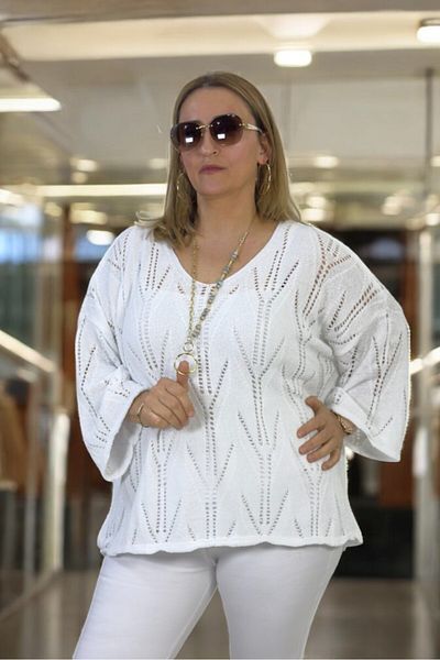 yagmurberen Boat Neck Openwork Patterned Large Size Italian Mercerized Bluz Sweater