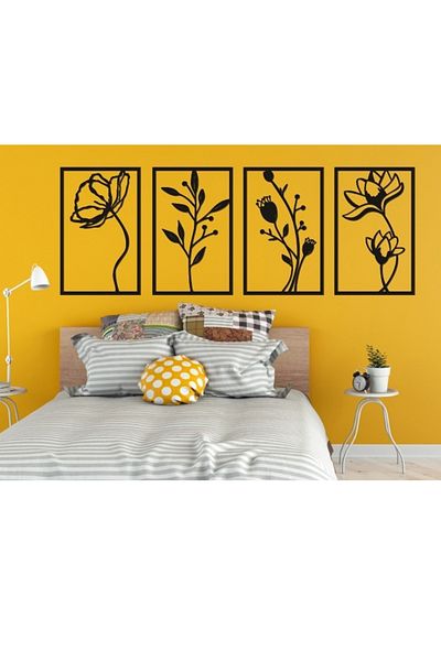 NT Handmade Set de pictură de perete cu flori din lemn negru, 4 piese, pentru living, dormitor, bucătărie