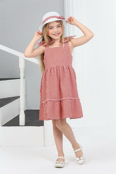 Kübra Tekstil Rochie pentru fetiță cu bretele și panglică Seersucker Gingham, rochie pentru copii