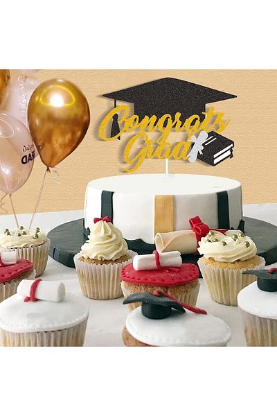 Generic Graduation Cake Decoration, Paper, Black/Gold, 17 X 13.4 Cm