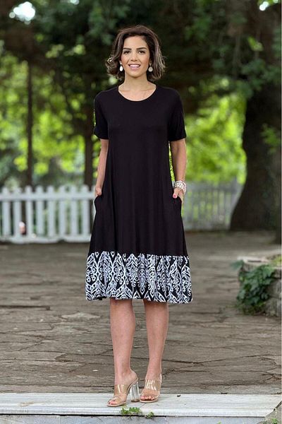 Nevin Kaya Moda Rochie de vară din bumbac pieptănat cu fuste alb-negru cu volane