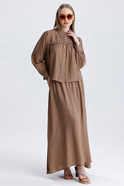 MD trend Women's Lace Detailed Pocket Bell Skirt and Crop Shirt Double Summer Linen Set