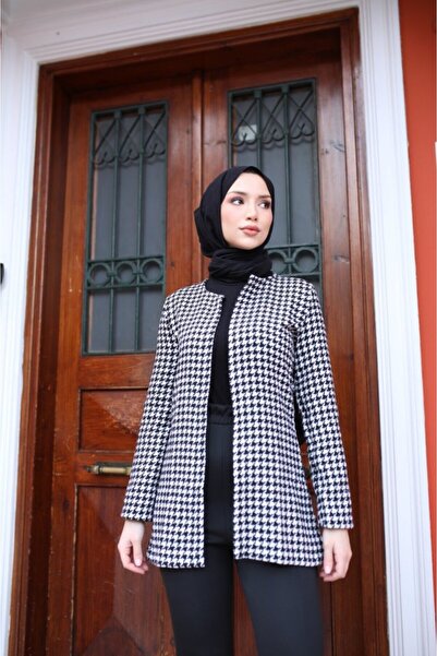 MODA Eyesof Women's Long Sleeve Front Open Houndstooth Print Jacket