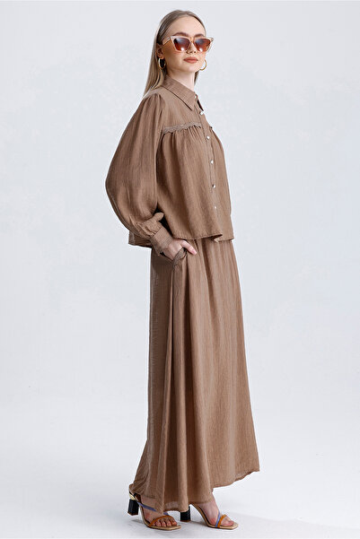 MD trend Women's Lace Detailed Pocket Bell Skirt and Crop Shirt Double Summer Linen Set