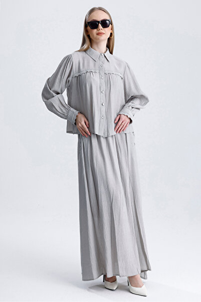 MD trend Women's Lace Detailed Pocket Bell Skirt and Crop Shirt Double Summer Linen Set