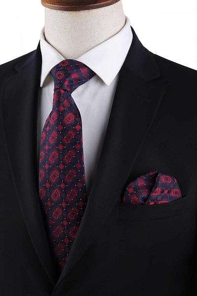Kravatkolik Navy Blue Square Pattern Classic Tie with Handkerchief Kk13170