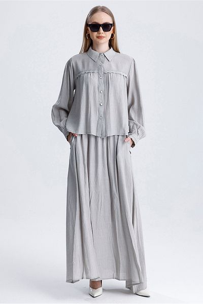 MD trend Women's Lace Detailed Pocket Bell Skirt and Crop Shirt Double Summer Linen Set