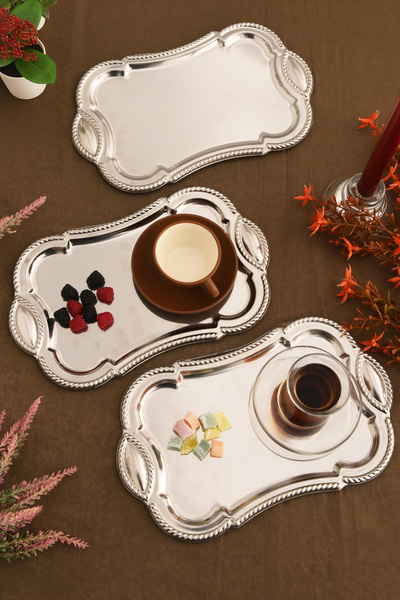 AKSESUAR EVRENİ Liven Stainless Rectangular Auger Pattern Presentation Tray Silver Set of 3