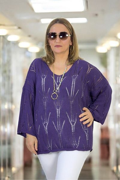 yagmurberen Boat Neck Openwork Patterned Large Size Italian Mercerized Bluz Sweater