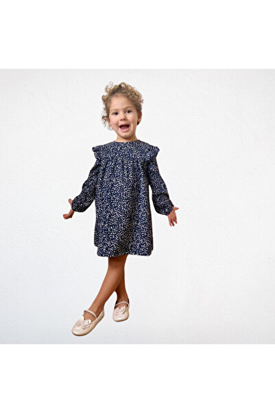 MODA فستان بأكمام طويلة وتفاصيل دولاب الموازنة باللون الأزرق الداكن