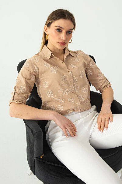 Nuevo Taş Sarmaşık Kol Katlamalı Keten Gömlek