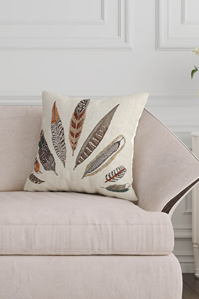 Sakallı Luck Feather Patterned Beige Floor Decorative Gift Velvet Set of 6 Pillow and Throw Pillow Cases