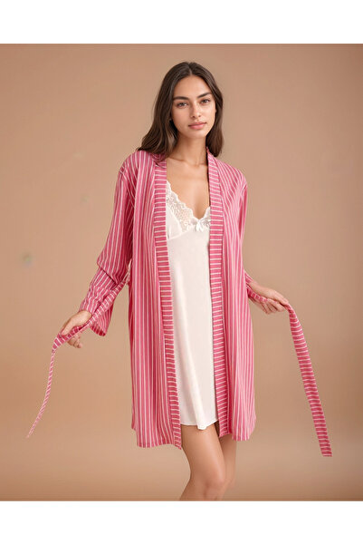 Soweto Pembe-Beyaz 2'li Penye Çizgili Çeyizlik Set - Gecelik, Sabahlık