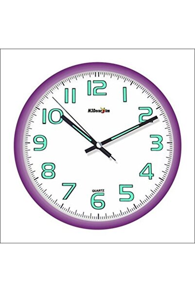 M3DECORİUM Fosforlu 28 Cm Ultra Mor Çerçeve Sessiz Kayar Saniye Beyaz Zeminli...