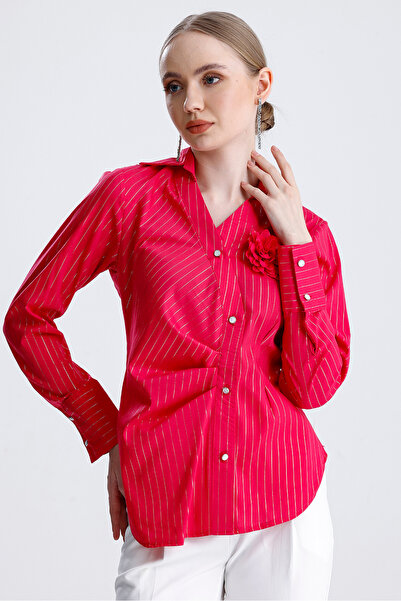 MD trend Kadın Kruvaze Yaka Gül Detaylı Çizgili Poplin Gömlek