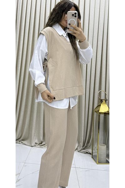 Daves Relax Fit 3'Lü Kalığın and Beige Pants Set