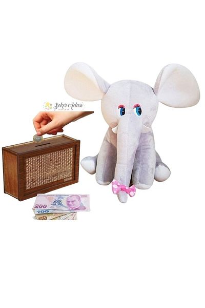 Şeker Adası Cute Sleeping Companion Elephant Plush Toy and Wooden Target Piggy Bank Money Saving Box