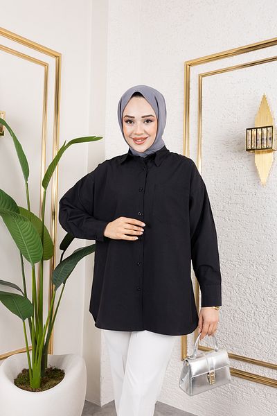 Pek Moda Γυναικείο μαύρο μακρυμάνικο πουκάμισο Hijab με μονή τσέπη