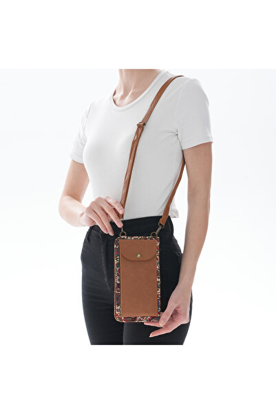 MODA İran İşi El Yapımı Etnik Desenli Kahverengi Askılı Telefon Bölmeli Küçük...