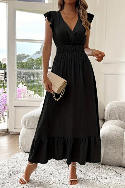 Mossta Double-Breasted Collar Waistline, Black Muslim Dress