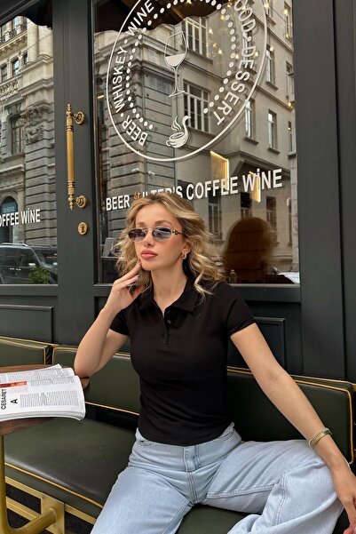 mylove Polo Neck Buttoned Tshirt Black