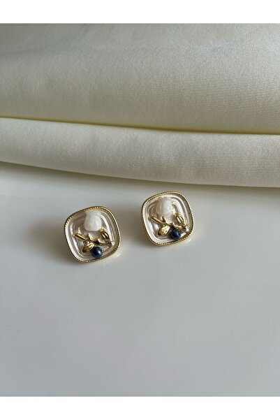 Nilsu Jewellery Accessory Vintage Beyaz Gül Detaylı Gold Yapraklı Kadın Küpe