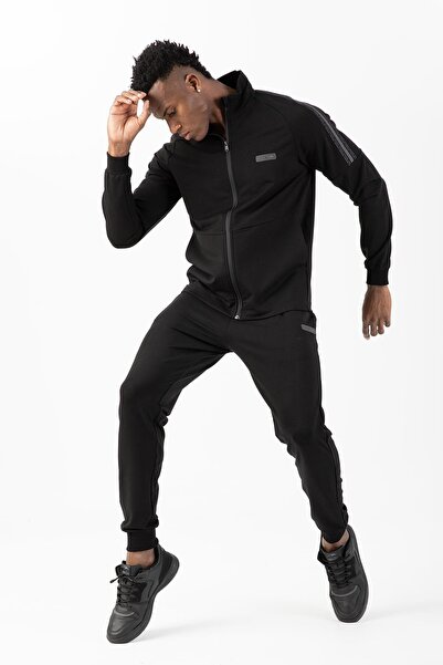 MARATON طقم رياضي رجالي عادي ياقة مرتفعة متوسطة الطول ريبانا باتا أسود اللون