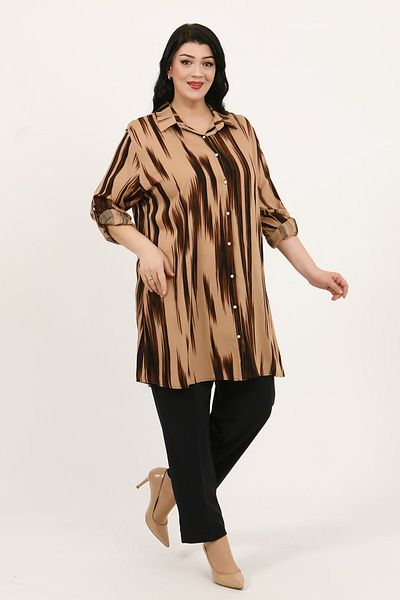 By Alba Collection Women's Tan Patterned Cotton Viscose Large Size Tunic