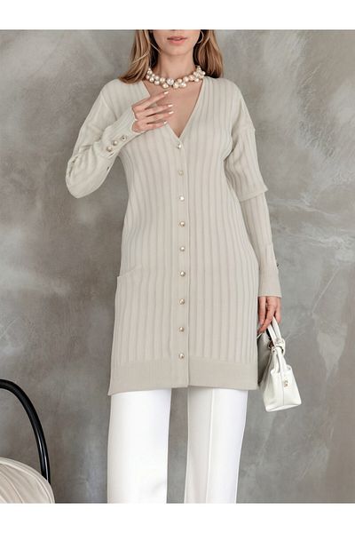 Modamorfo Metal Buttoned Slit Knitwear Cardigan - Stone
