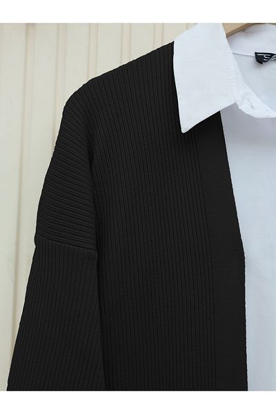 Modamorfo Ribbed Long Knitwear Cardigan with Side Slits - Black