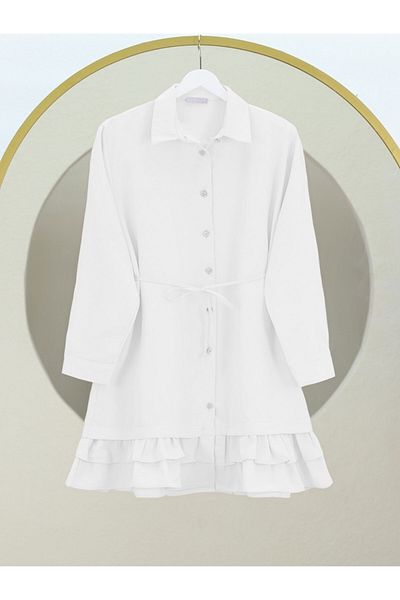 Modamorfo White Hem Tiered Poplin Shirt Tunic Buttoned Ruffles